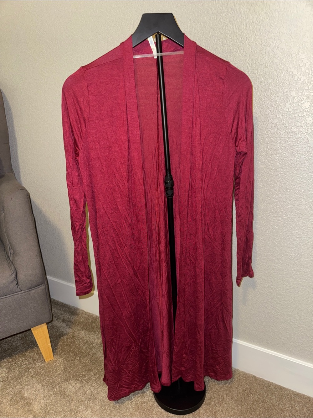 Long Open Front Cardigan in Deep Wine